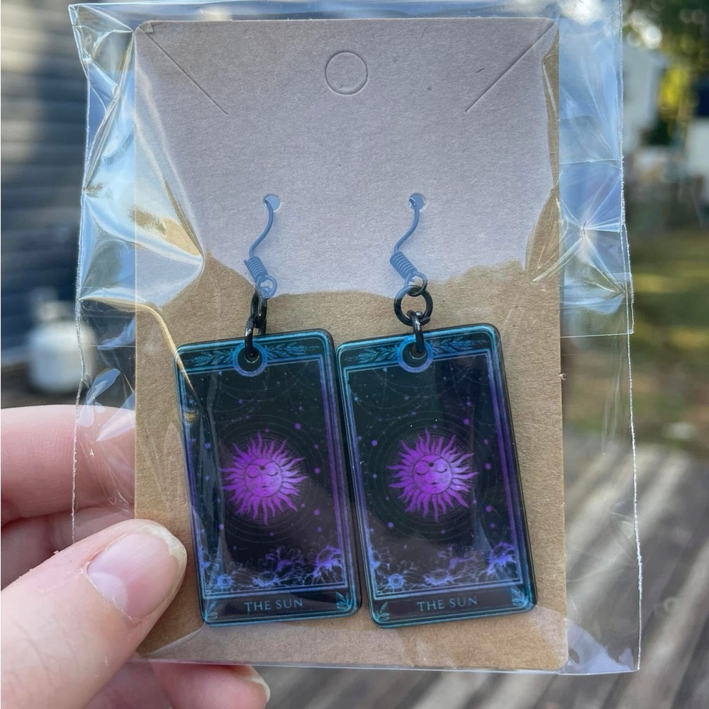 Hand-pieced “The Sun” Purple Tarot Card Earrings